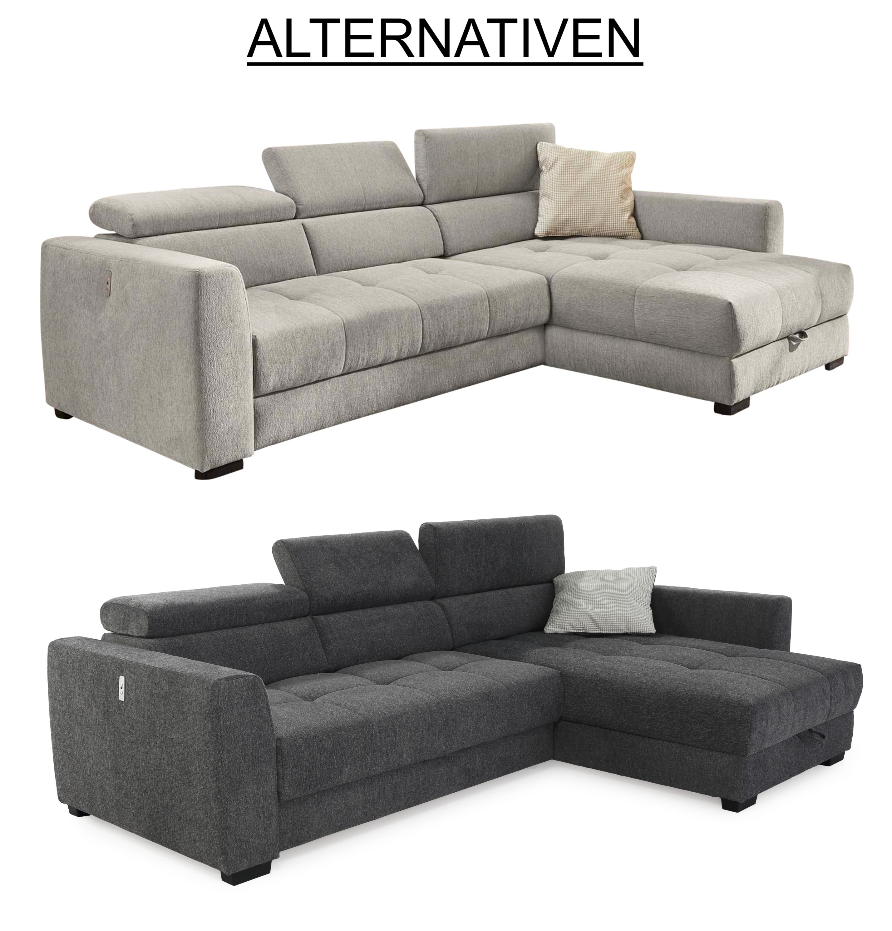 Ecksofa elektrisch ausfahrbar verstellbar Couch Kopflehne Bettkasten Dunkelgrau