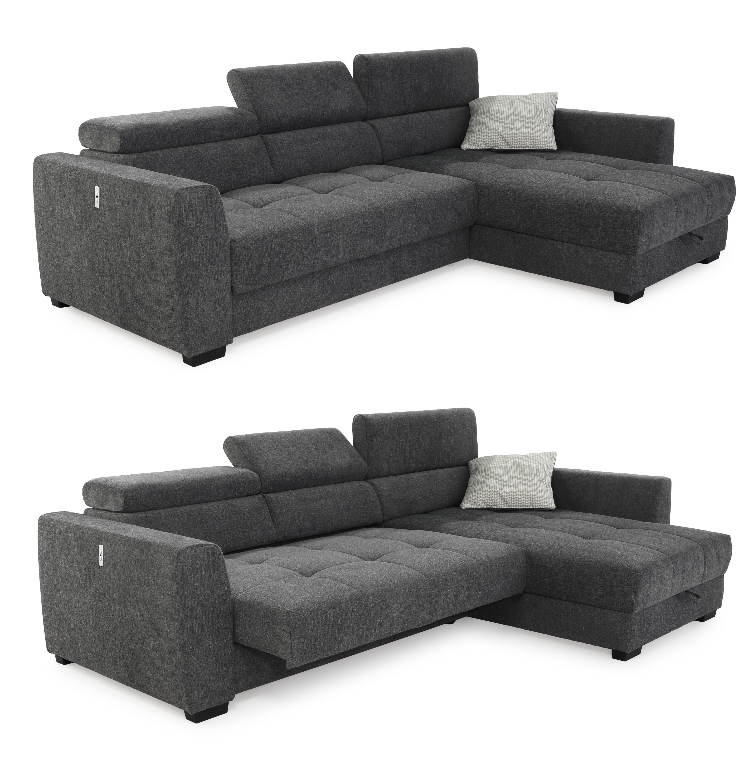 Ecksofa elektrisch ausfahrbar verstellbar Couch Kopflehne Bettkasten Dunkelgrau